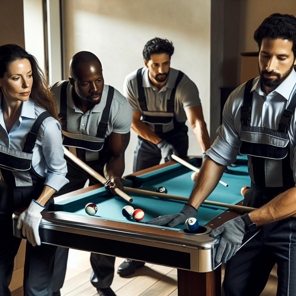 Experienced team moving heavy slate table with precision