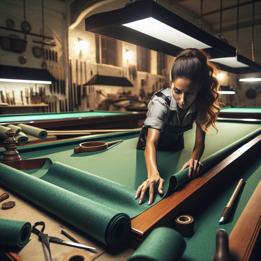 Expert craftsman applying new felt to pool table slate