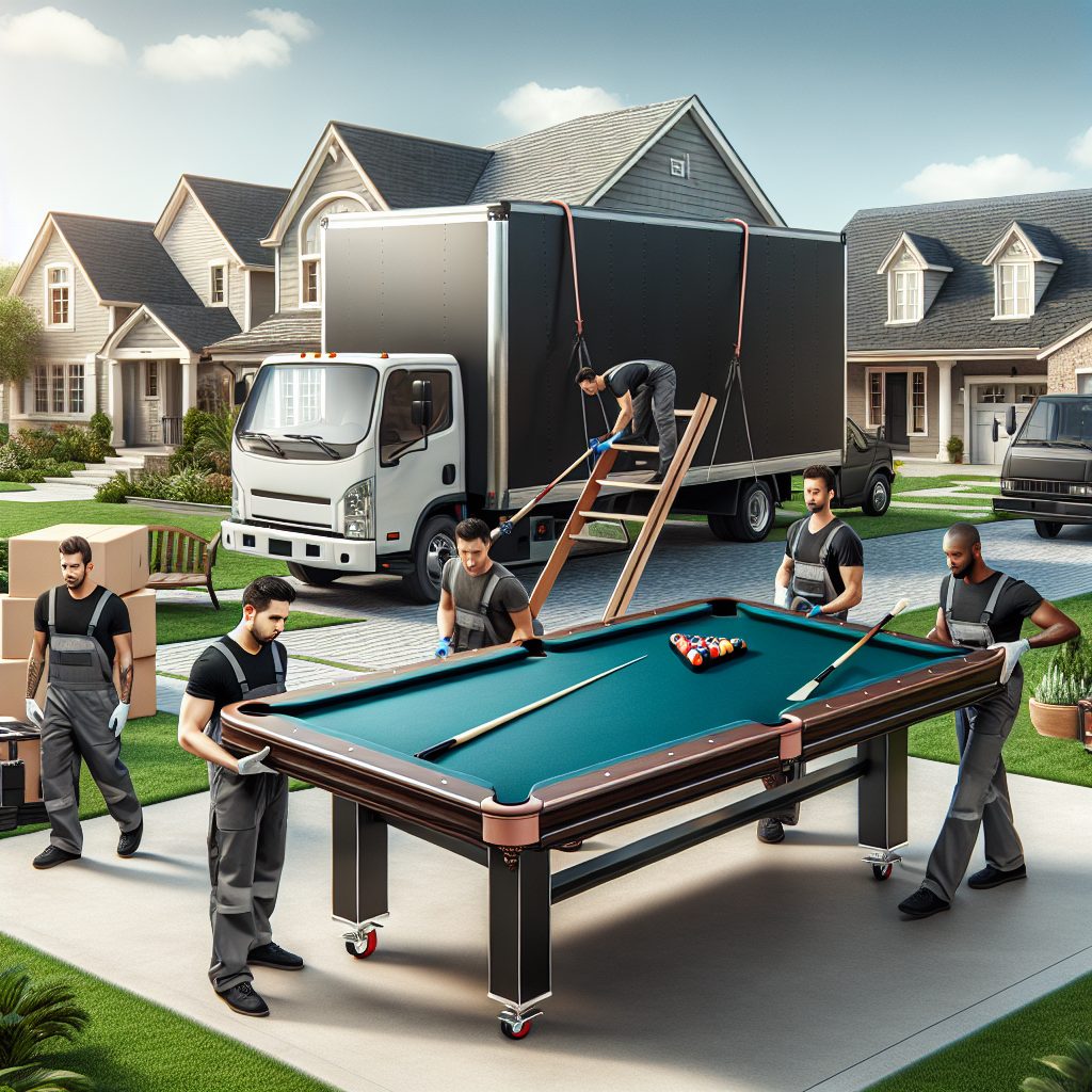 Professional movers with wrapped slate pool table and equipment