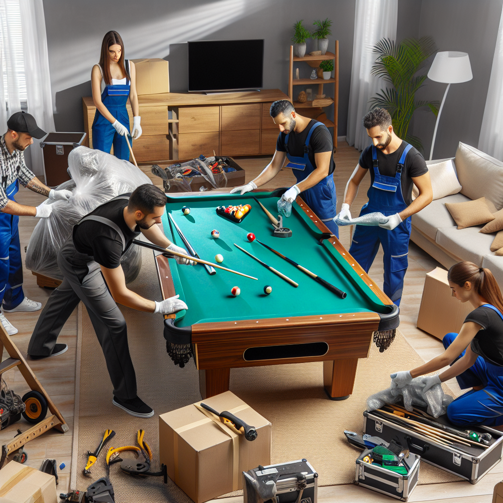 Professional team carefully handling pool table removal