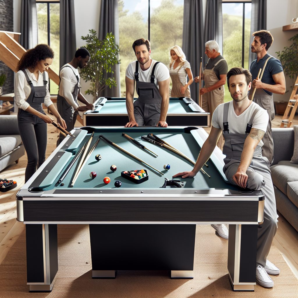 Team assembling tournament-quality pool table in home game room