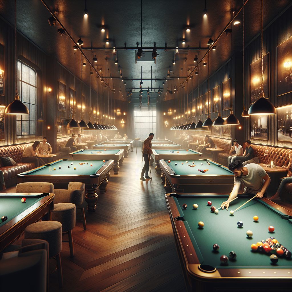 Upscale pool hall with professional atmosphere for event hosting